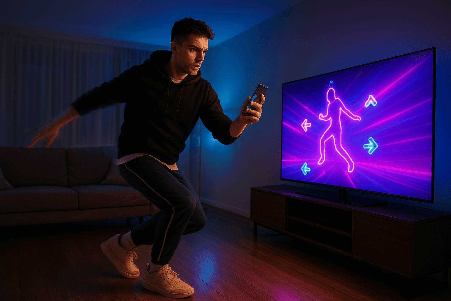 Player practicing alone in solo mode on a dance game at home