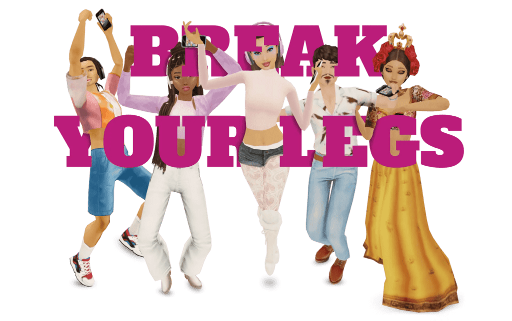 Diverse dancing avatars interacting with the Break Your Legs dance game ltitle letters