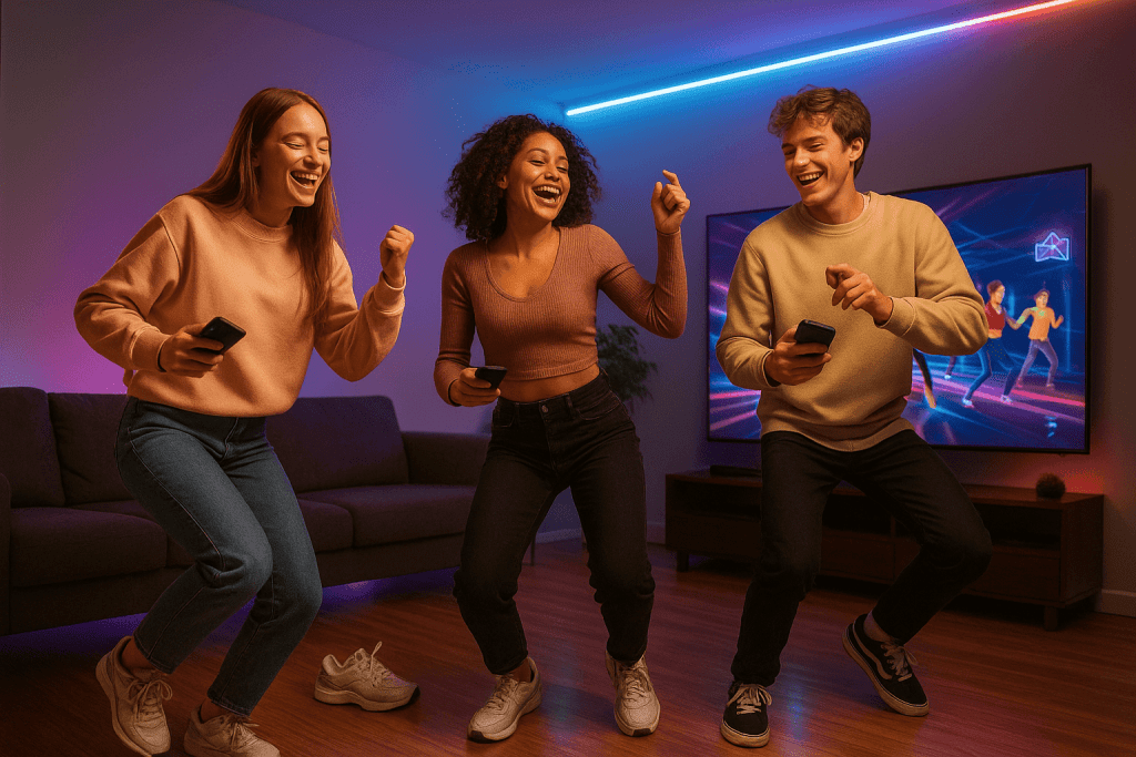 Friends dancing together in multiplayer squad mode on a dance game