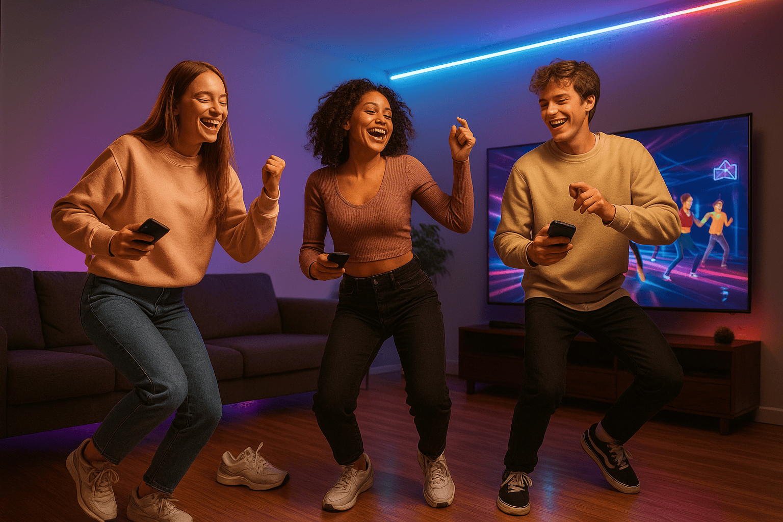Friends dancing together in multiplayer squad mode on a dance game